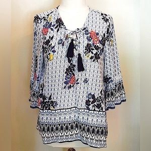 JohnPaulRichard Blue Red Floral Boho Lace Up Tie Tassel Bell Sleeve Casual Top S